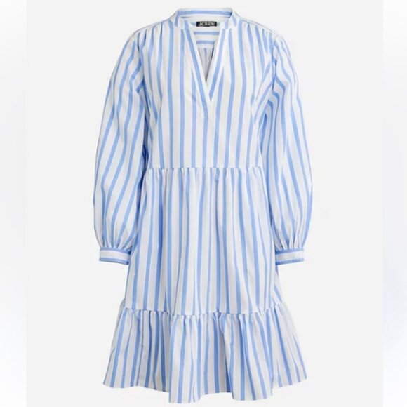 J. Crew Dresses & Skirts - J. Crew Tiered Cotton Poplin Long Sleeve Dress Blue White Stripe Med